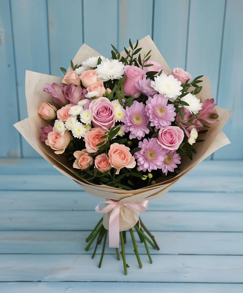 Букет цветов из: Хризантемы, Розы и Альстромерии в Сергаче