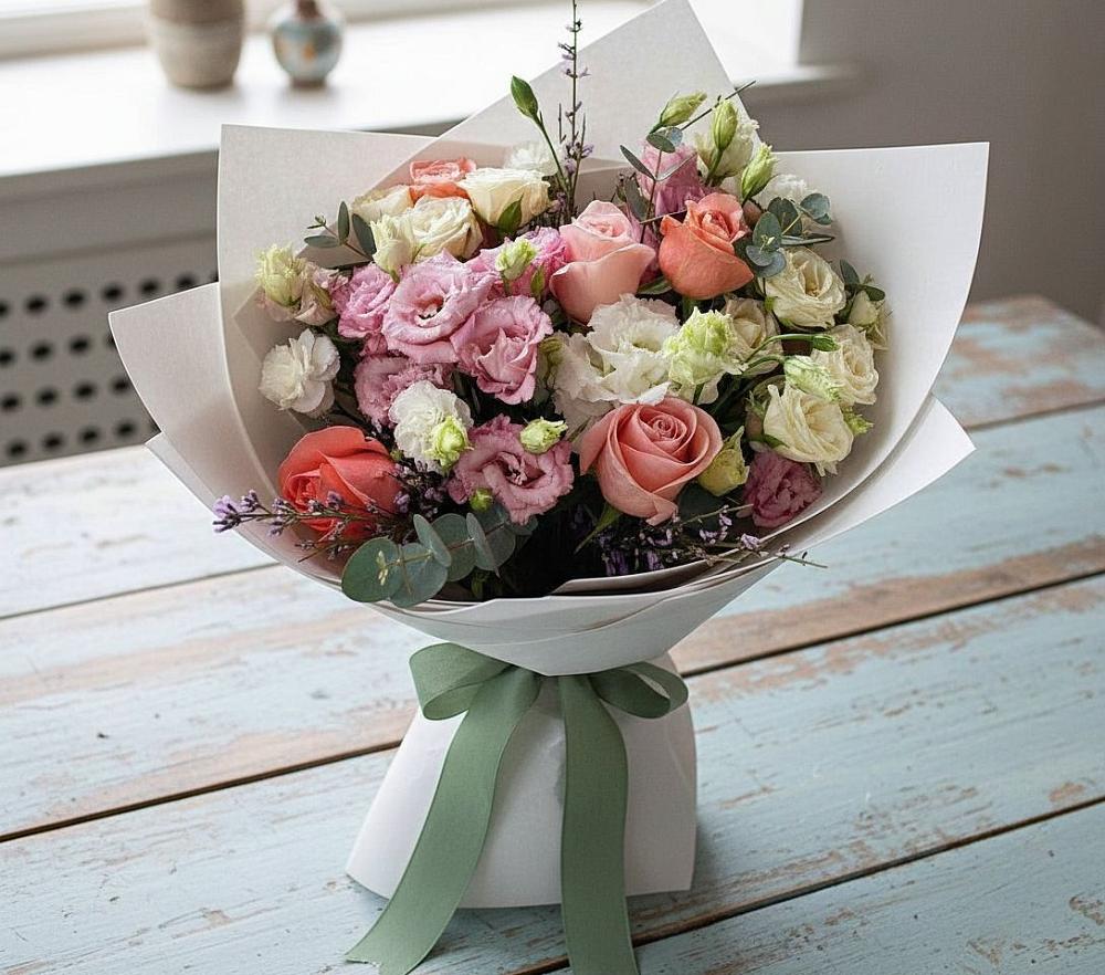 Букет цветов из: Розы, Лизиантусы и Гвоздики в Сергаче