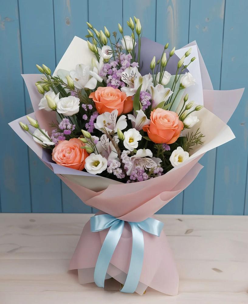 Букет цветов из: Лизиантусы, Розы, Альстромерии и Гипсофила в Сергаче